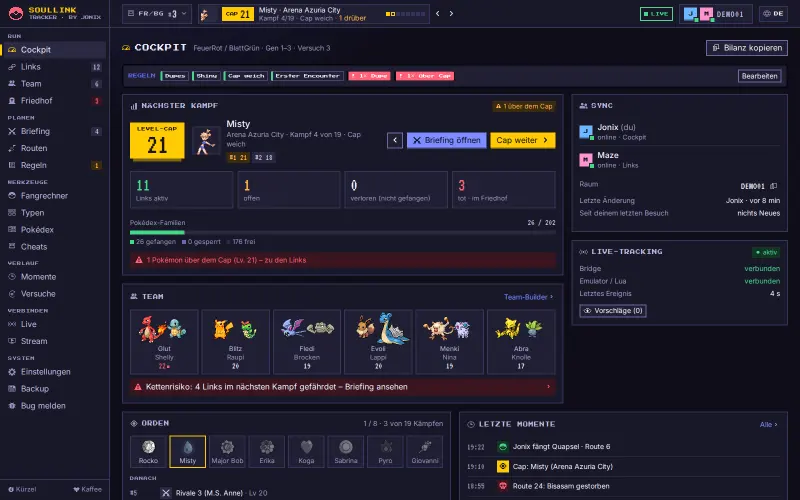Die App im Überblick: links die Seitenleiste mit den Gruppen RUN, PLANEN, WERKZEUGE, VERLAUF, VERBINDEN und SYSTEM, oben die Kopfzeile mit Spiel, Level-Cap und Raum, in der Mitte das Cockpit