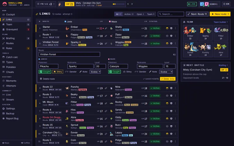 Links view with twelve routes; the Viridian Forest row is open and shows the edit area with Pokémon, nickname, level, caught and shiny for both players