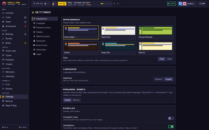Settings, Appearance section: six theme tiles Kanto Night, Kanto Day, Pocket Monster, Ember, Deep Sea and Electric, below language and Pokémon names