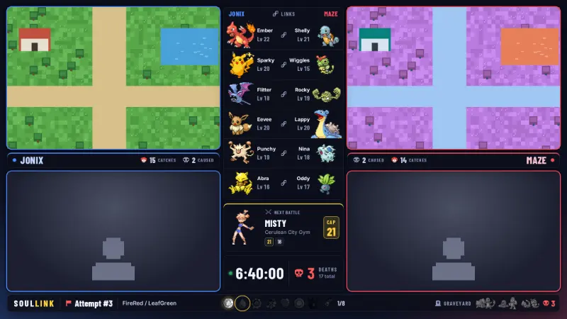 OBS overlay in the duo layout, Clean Dark style: two game screens, links, next battle, run timer and graveyard